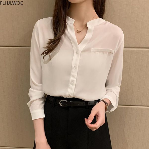

women's blouses & shirts 2021 fall autumn basic long sleeve single breasted button white blouse v neck chiffon women cute korea style