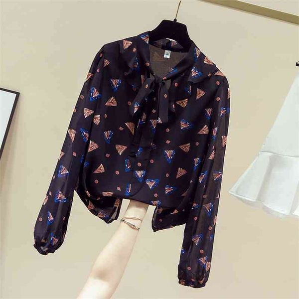 

autumn women's bow long sleeves print chiffon shirt ladies female all-match shirts blouse a3718 210519, White