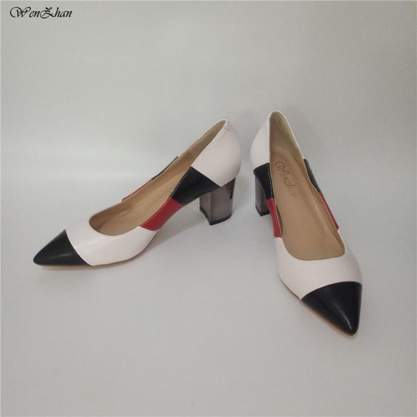 

dress shoes wenzhan good selling mixed color pointed toe 7cm spring thick heel pump shine wedding party footwears 36-43 95-7, Black