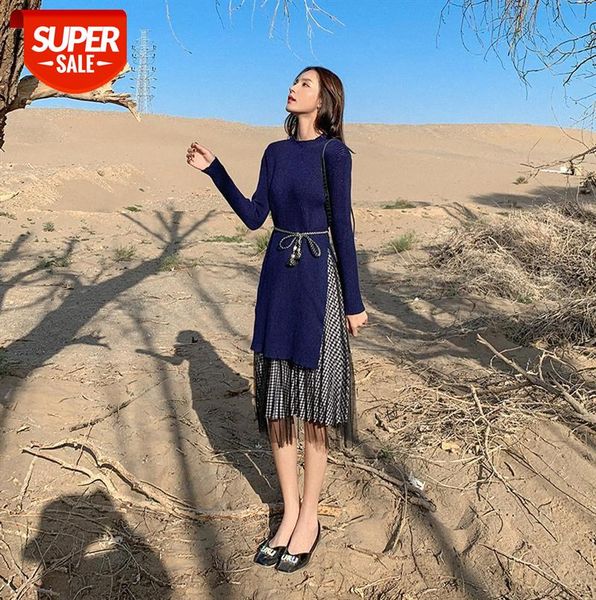 

two-piece dress women knitted sweater net gauze plaid skirt one-piece women's clothing #zw2j, Black;gray