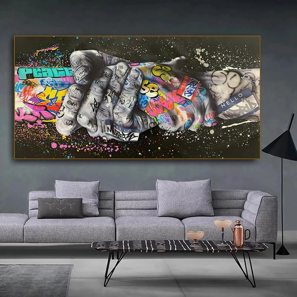 Graffiti-Kunst, Handshake-Geste, Malerei auf Leinwand, Poster und Drucke, Straßenwandkunst, Bild für Wohnzimmer, Cuadros, Heimdekoration