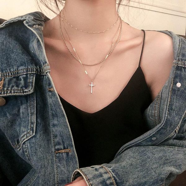 

pendant necklaces titanium steel fashion jewelry 2 layer cross choker bead necklace nice gift for women girl, Silver