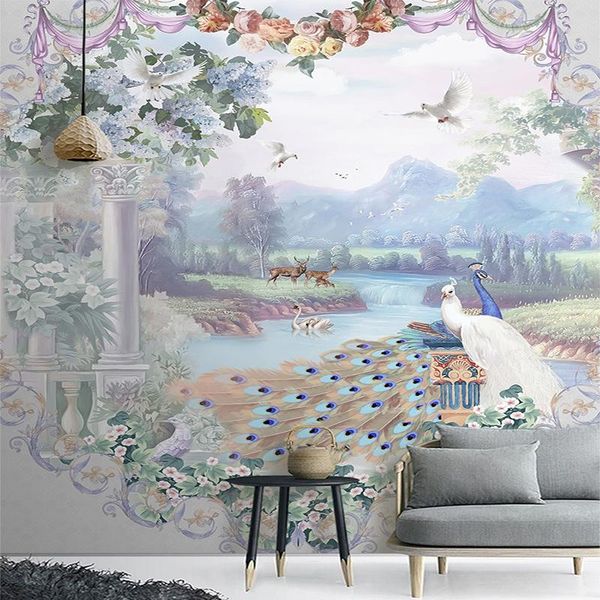 

wallpapers custom any size mural wallpaper european style hand-painted oil painting peacock beautiful pastoral landscape 3d