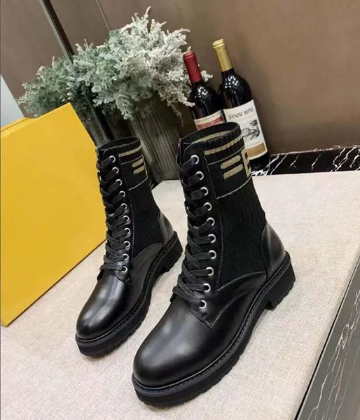 

classic glamour women's leather boots black boots in autumn and winter with leather and elastic wool stitching trendy lace up shoes