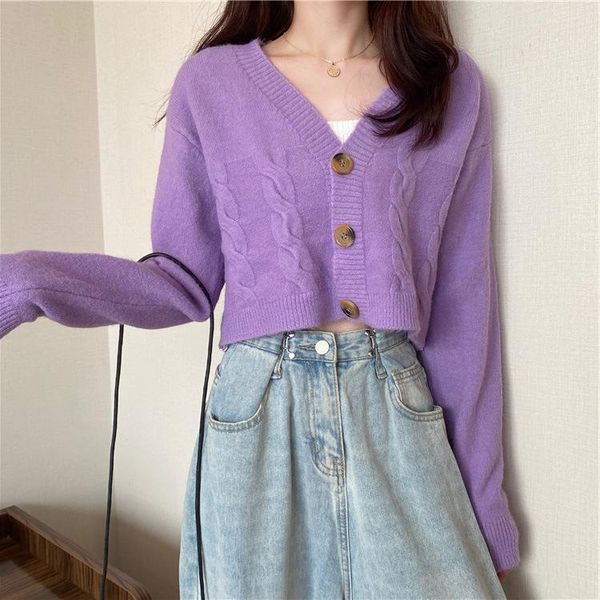 

women's knits & tees autumn cardigan sweater for women 2021 v neck button knitted woman purple white gray casual knit top