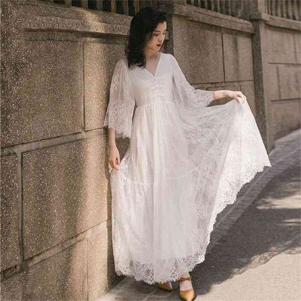 

v-neck loose dresses female vestidos verano summer maxi vintage lady lace long women evening party white 210603, Black;gray