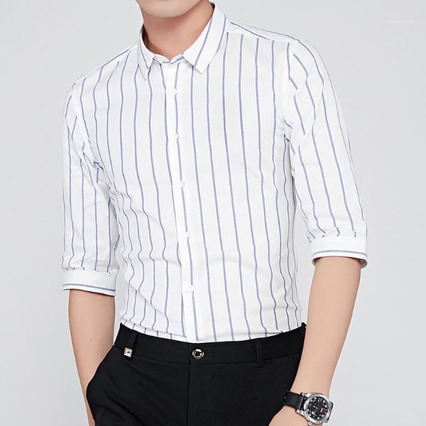

cotton pure summer five sleeve stripe shirt men's thin lapel formal casual half wear shirts, White;black