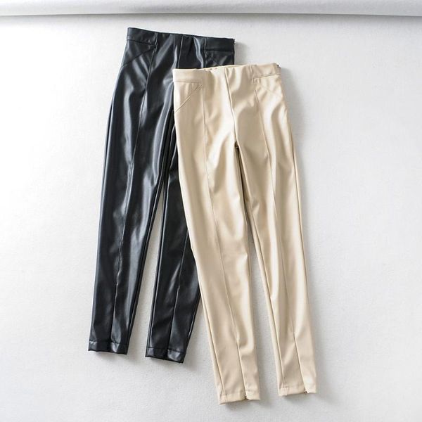 

women's pants & capris women white black skinny pu leather casual trouse streetwear high waist zipper stretch solid autumn winter femal, Black;white