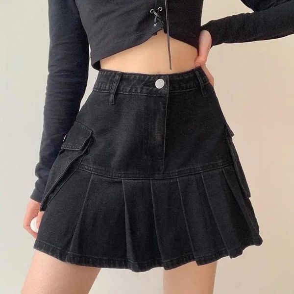 

skirts gothic denim pleated skirt fashion y2k casual punk style mini ulzzang harajuku high waist vintage women, Black