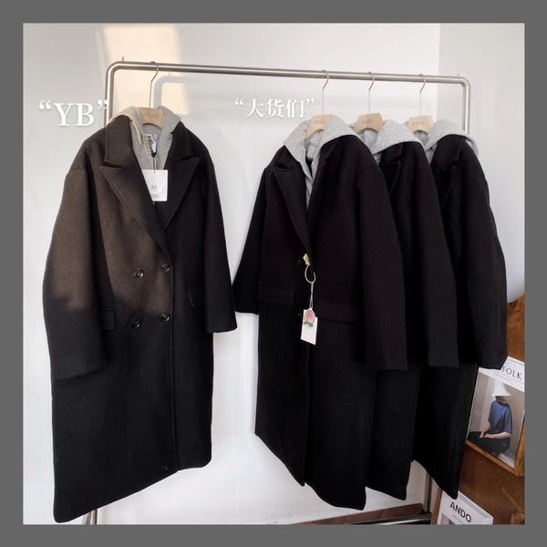 

women's wool & blends two web celebrity false hooded fur coat female thickening long loose black woolen cloth in winter
