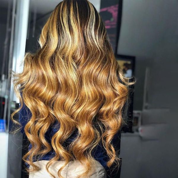 

highlight wig human hair malaysian body wave lace front pre plucked 180 density p4/27 ombre remy wigs, Black;brown