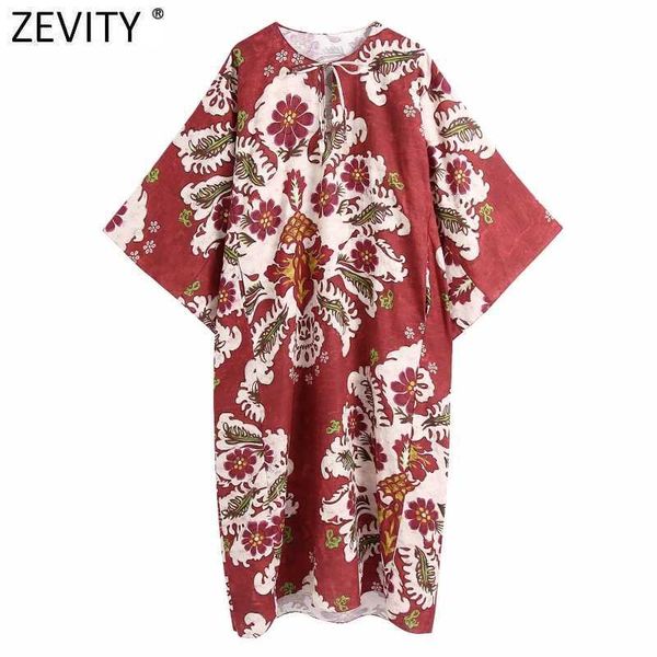 Zevity Donna Vintage Totem Stampa floreale Allentato Kimono Abito longuette Donna Chic Manica a pipistrello Estate Breach Boho Vestido DS8333 210603