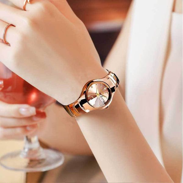 

wanghong automatic tungsten steel women's korean version simple waterproof luminous double calendar non mechanical watch, Slivery;brown