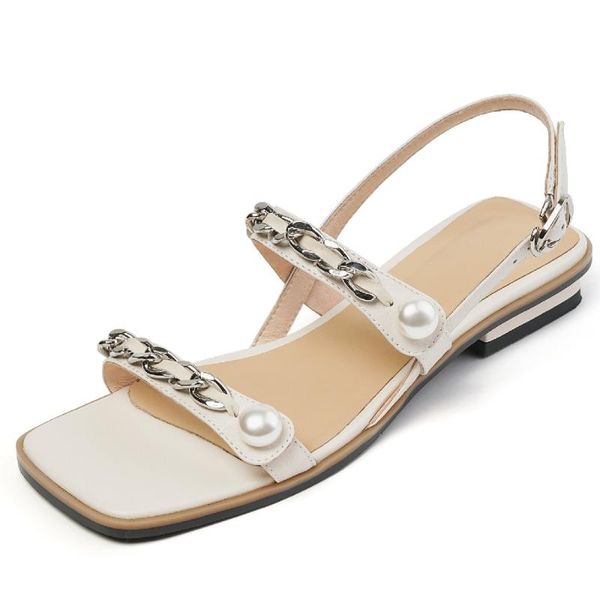 

sandals women's genuine leather narrow band flats chain decoration open toe summer female casual footwear shoes, Black