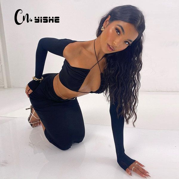 

cnyishe casual 3 piece sets women tracksuit bandage halter tanks +t-shirt + midi dress matching sets for women lounge suits 210419, White