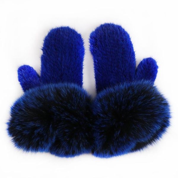 

five fingers gloves women ladies mink knitted fur, Blue;gray