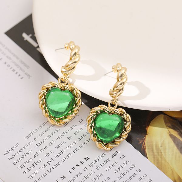 

vintage green glass love heart dangle earrings for women statement gold color metal twisted earrings ethnic jewelry, Silver