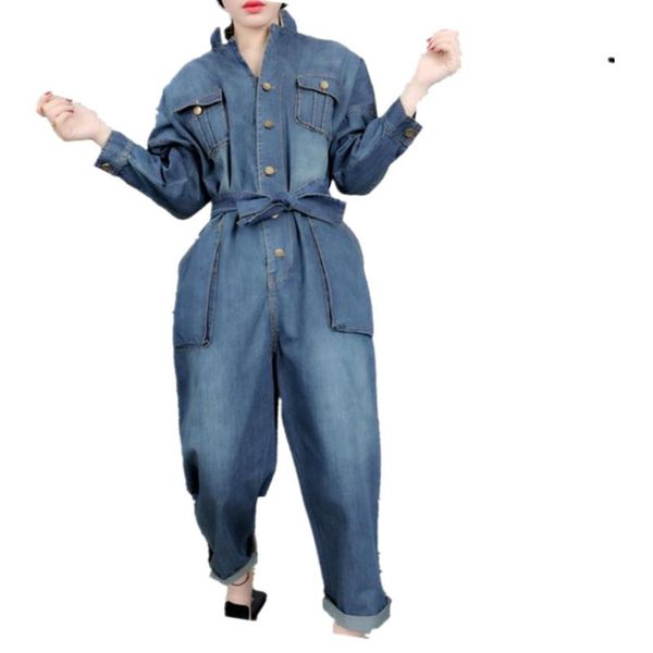 

women's jumpsuits & rompers plus size 2xlspring safari style fashion women long sleeve denim jumpsuit solid turn-down collar ankle leng, Black;white