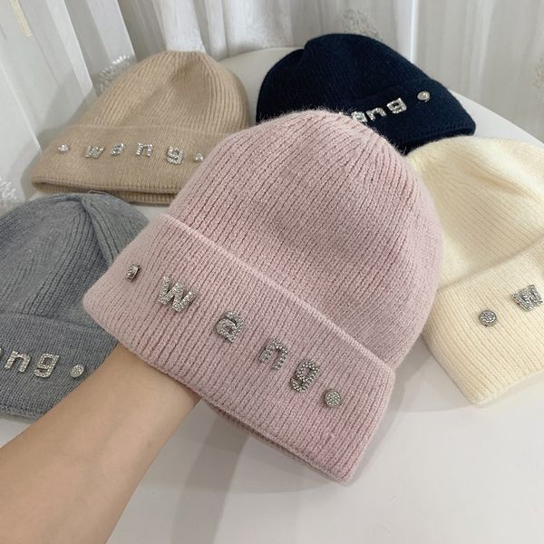 

letter rhinestone knitted wool hat children's autumn and winter art versatile student ear protection warm wardrobe accessories, Blue;gray