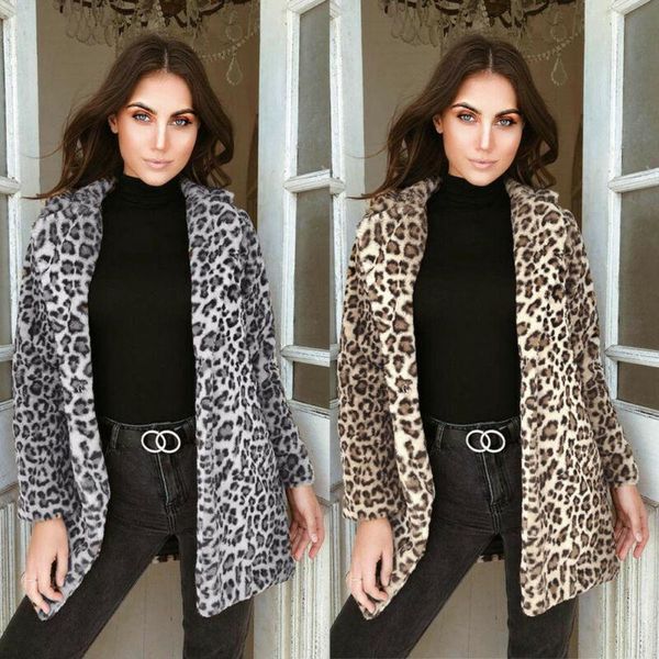 

women's jackets 2021 brand women leopard print long sleeve warm winter autumn fall casual faux fur suit coat jacket coats, Black;brown