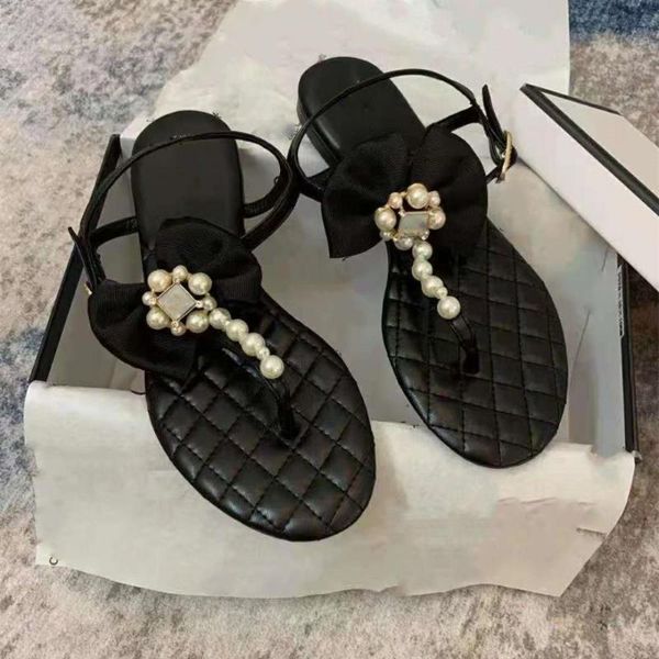 

sandals summer women's pearl rhinestone beach flat design bow shoes cross strap, Black