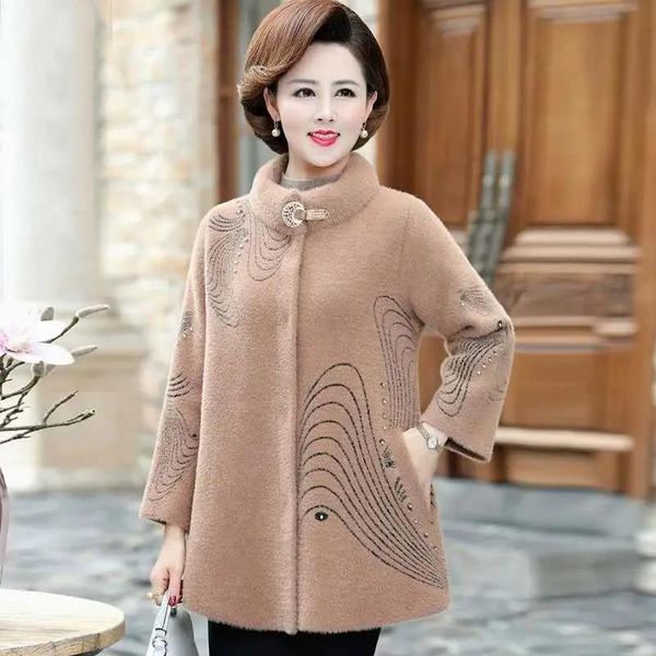 

women's fur & faux 2021 middle-aged women autumn winter thick warm imitation mink cashmere wool coat elegant outerwear mother mid-long, Black