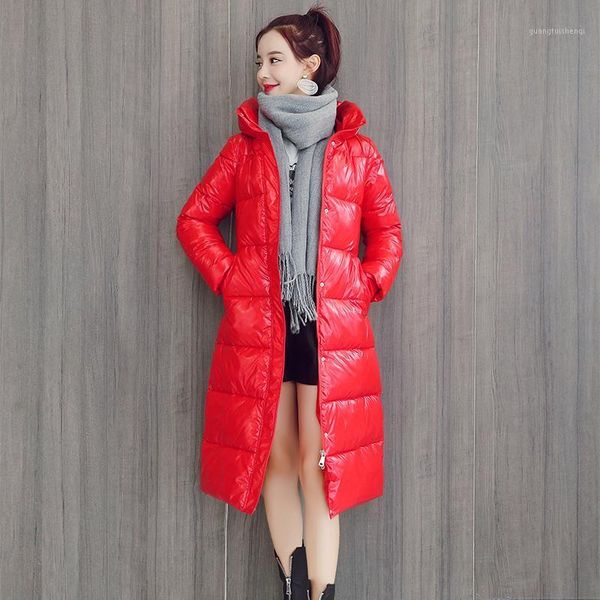 

women's x-long winter jacket hooded long sleeve shinny fluffy ladies solid parkas zipper pockets casual outerwear for female down, Black