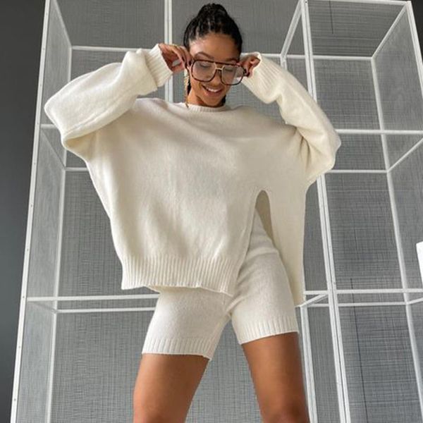

women's tracksuits xmax fashion casual knitted suits women elegant straight shorts suit o neck long sleeve side split sweaters ladies, Gray