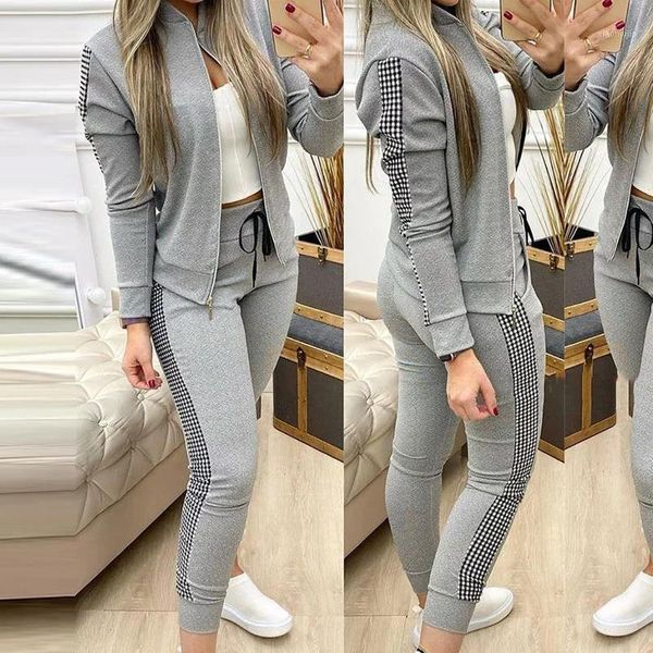 

clothing sets girl sport suits 2021 autumn female tracksuits patchwork zipper jacket drawstring pants lady two-piece streetwear plaid, White