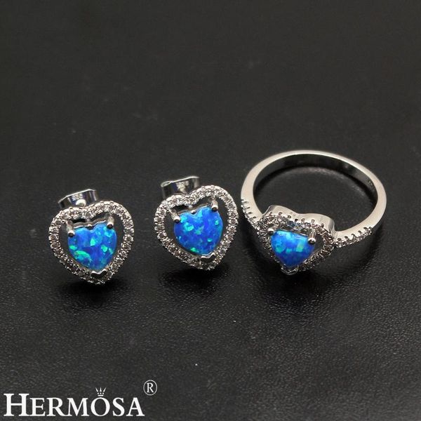 

earrings & necklace hermosa heart blue fire australian opal silver color stud ring sets 6/7/8 pretty women party jewelry cute gift