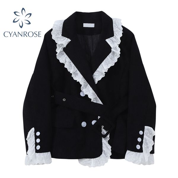 

korean retro ruffle spliced blazer jacket coat women double breasted black corduroy outwear office lady stylish ol chic overcoat 210417, Black;brown