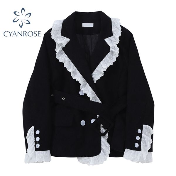 Coreano Retro Ruffle Emenda Blazer Jaqueta Casaco Mulheres Dupla Breasted Blackuroy Outwear Office Senhora Elegante Ol Chic Overcoat 210417