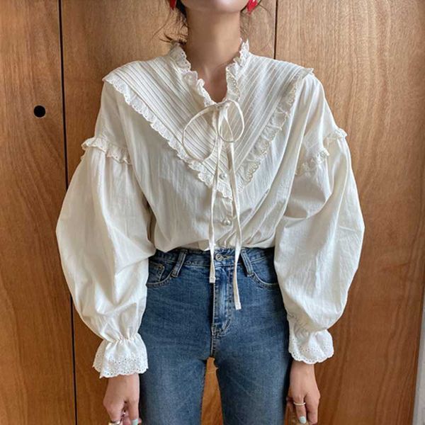 Mode aushöhlen Vintage elegante Bogen V-Ausschnitt Tops Frauen Shirt solide Langarm koreanischen Stil lose Blusen Blusas 210529