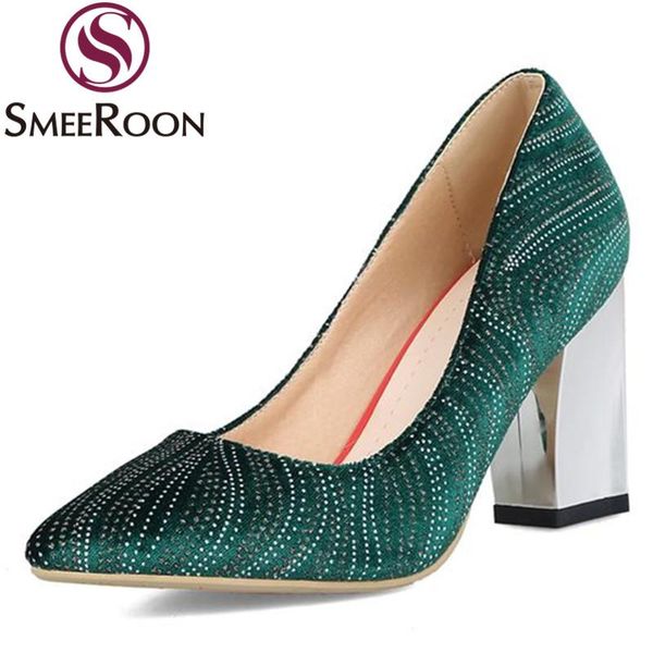 

smeeroon crystal female pumps spring rhinestone wedding party shoes woman high thick heels women's pointed toe plus size dress, Black