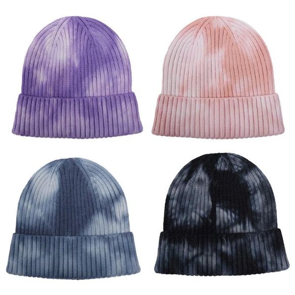 

beanies tie-dye knitted hats for women skullies autumn winte warm beanie gradient color cuffed short melon cap men travis scott