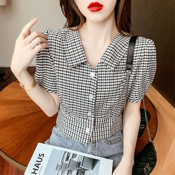 

women's blouses & shirts plaid womens short sleeve lady checked female chiffon square collar 2021 fashion summer, White
