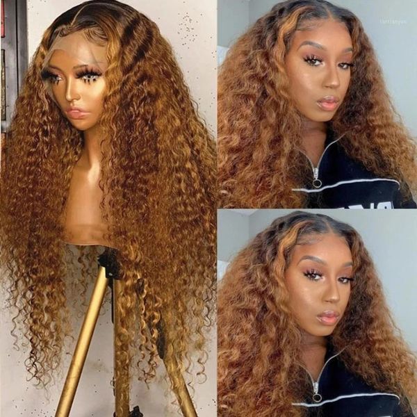 

ombre bouncy curly silk base full lace human hair wig with baby 13x6 front remy 360 frontal preplucked headband wigs1, Black;brown