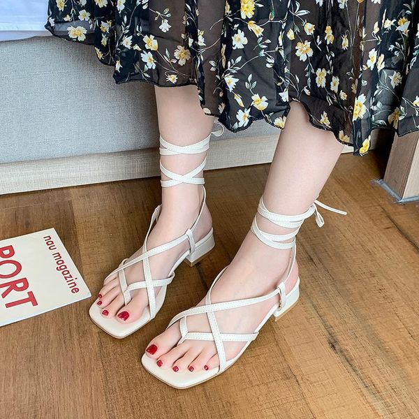 

summer gladiator sandals women narrow band square heel clip toe lady shoes cross-strap lace-up solid roman shoe dress, Black