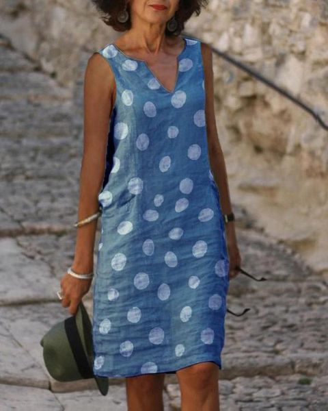 

sleeveless women's loose 20-year summer v-neck printed dot dress, White;black