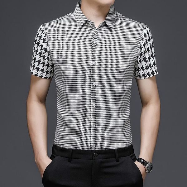 

houndstooth black white plaid printed mens oversized work shirts large size 2021 summer fashion check clothing social dress men's casua, White;black