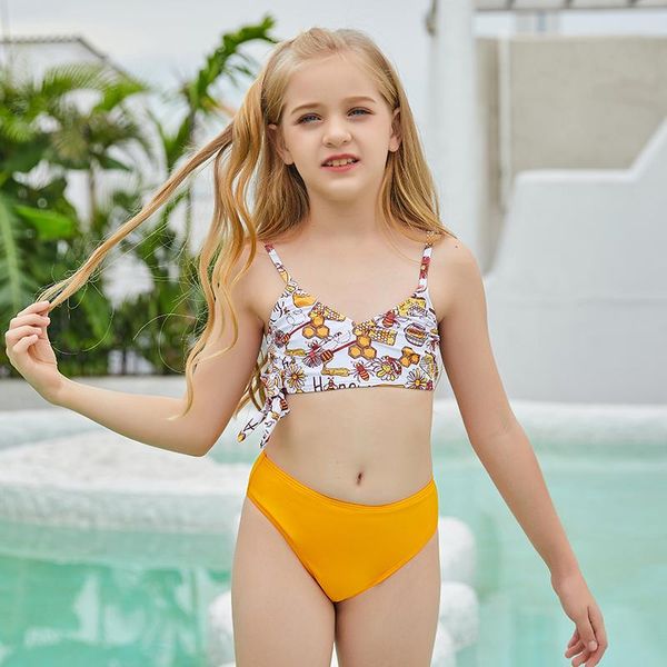 

one-piece suits flower print bow bikini two pieces swimsuit kids swimsuits high waisted swimwear suspender set girls swimwears 4-15 years