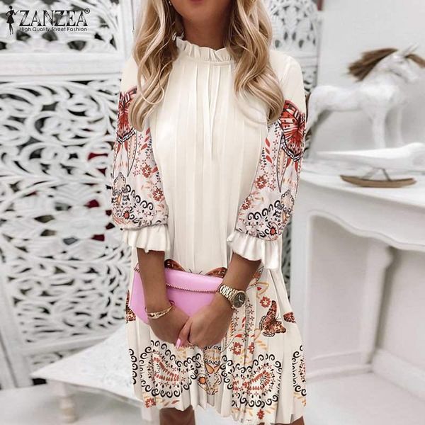 

casual dresses stylish lady 3/4 puff sleeve dress femme party ruffle floral vestido kaftan robe bohemian printed pleated sundress, Black;gray