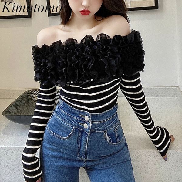 

kimutomo women knitted sweater spring korea style girls slash neck fungus colorblock pullovers outwear casual 210521, White