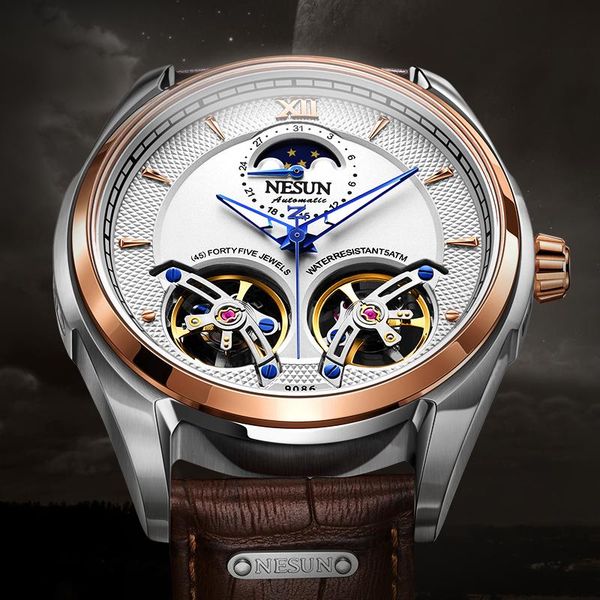 

wristwatches switzerland nesun dual flywheel automatic mechanical men's watches 50m waterproof moon phase luminous clock n9086, Slivery;brown