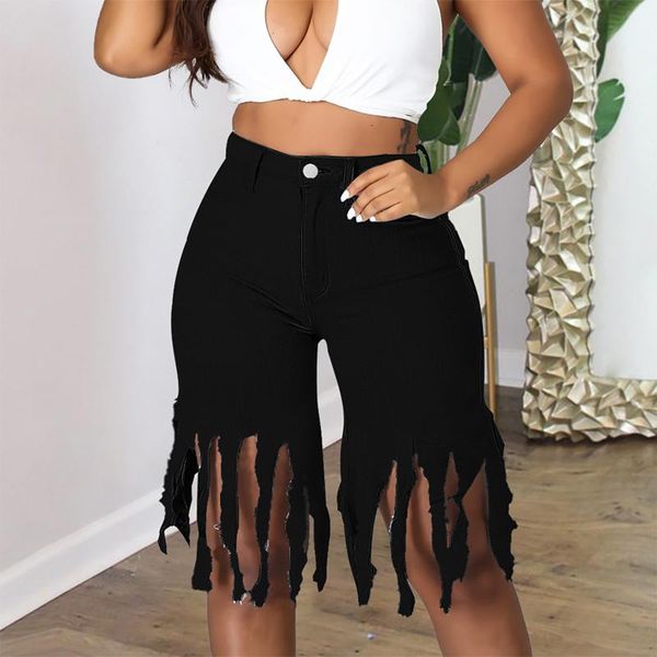 

women's shorts personality tassel spring summer high waist capris female denim ripped streetwear jeans for, White;black