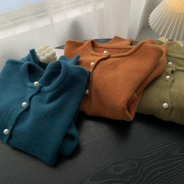 

women's knits & tees vintage pearl button sweater women cardigan jacket korean solid soft knitted coats 2021 autumn preppy style, White