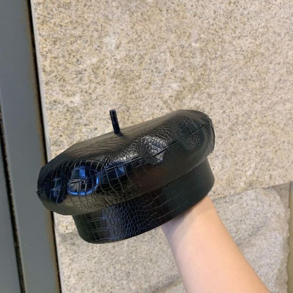 

berets female autumn korean retro leather beret outdoor wild literary painter hat ins anti-ultraviolet solid color pumpkin, Blue;gray