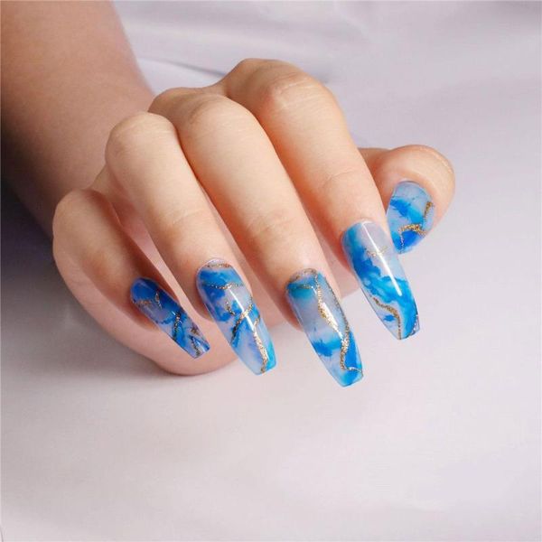 

false nails 24pcs/set watercolor orchid ballerina full nail art tips long coffin fake manicure tool, Red;gold