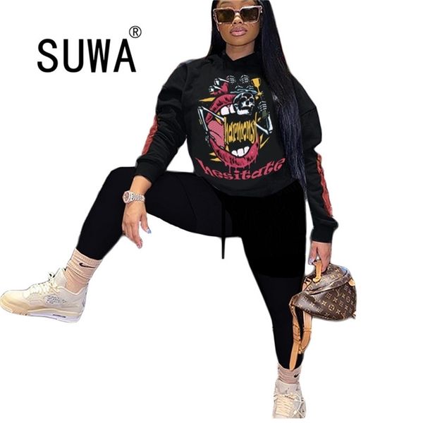

loungewear women clothing sets fall winter workout two piece outfits long sleeve cartoon sweatshirt high waist hip hop pants 210525, White