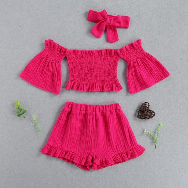 

clothing sets 3 pcs infant solid color outfits baby girls clothes off shoulder flare sleeves boat neck ruffle shorts bowknot headband, White